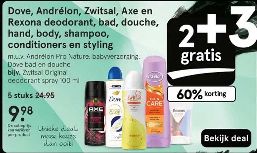 Dove, Andrélon, Zwitsal, Axe en Rexona deodorant, bad, douche, hand, body, shampoo, conditioners en styling