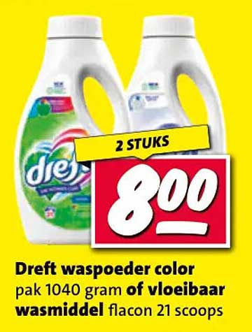 Dreft waspoeder color pak 1040 gram of vloeibaar wasmiddel flacon 21 scoops