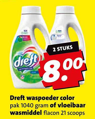 Dreft waspoeder color pak 1040 gram of vloeibaar wasmiddel flacon 21 scoops