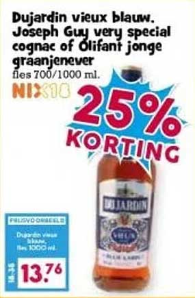 Dujardin vieux blauw. Joseph Guy very special cognac of Olifant jonge graanjenever fles 700/1000 ml.