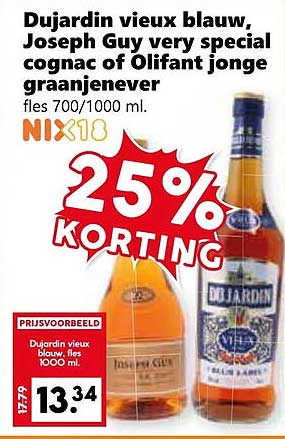 Dujardin vieux blauw, Joseph Guy very special cognac of Olifant jonge graanjenever fles 700/1000 ml.