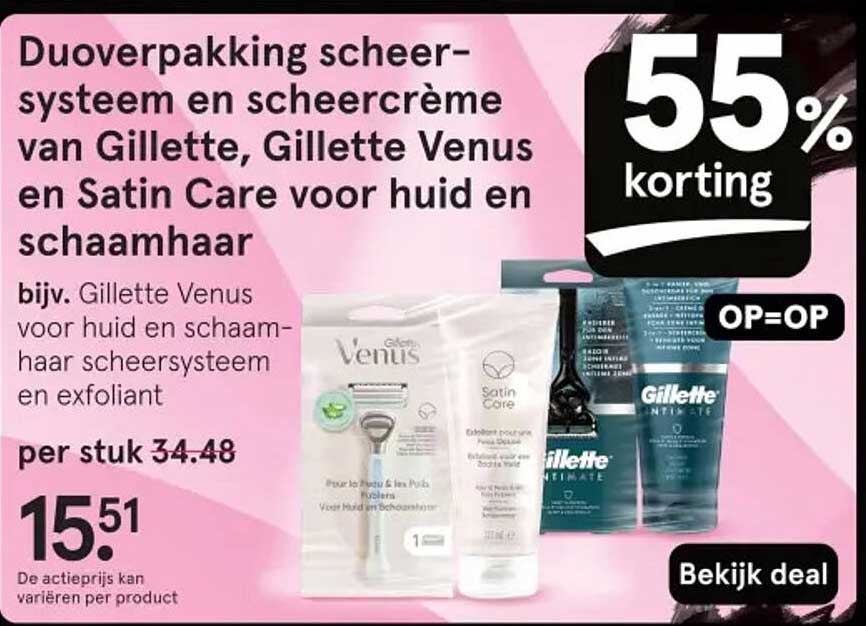 Duoverpakking scheersysteem en scheercrème van Gillette, Gillette Venus en Satin Care voor huid en schaamhaar