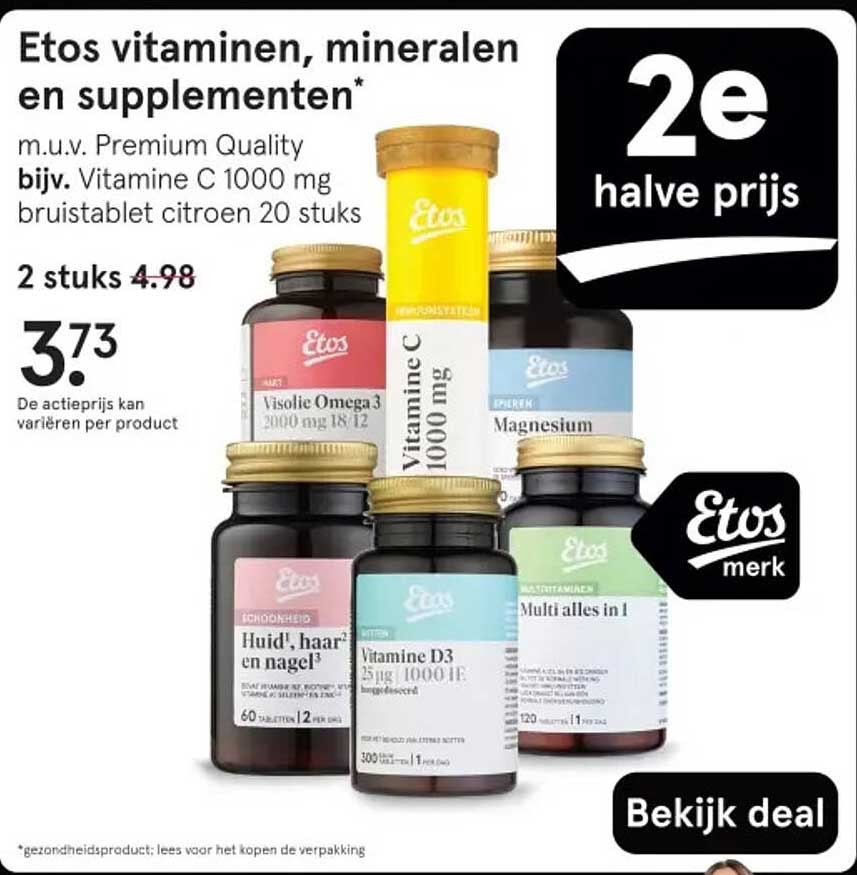 Etos vitaminen, mineralen en supplementen* m.u.v. Premium Quality bijv. Vitamine C 1000 mg bruistablet citroen 20 stuks