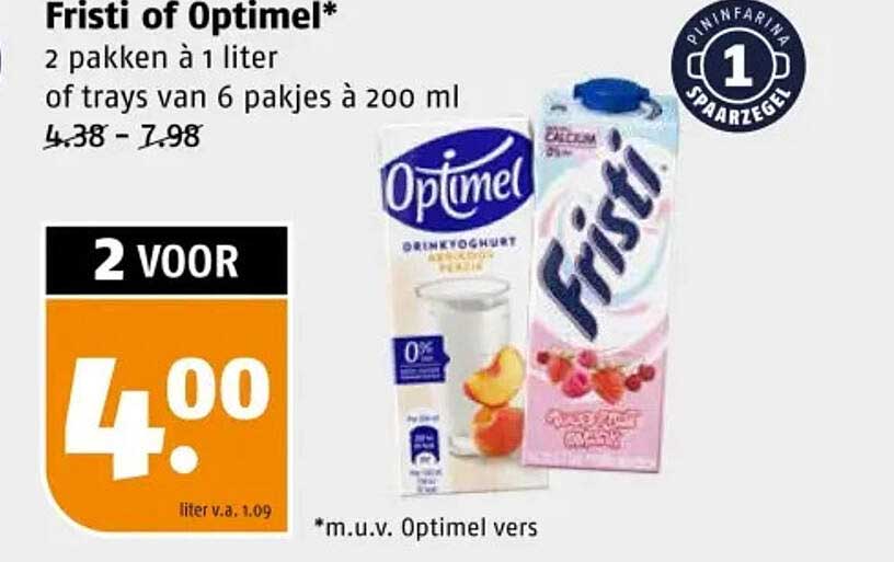Fristi of Optimel* 2 pakken à 1 liter of trays van 6 pakjes à 200 ml