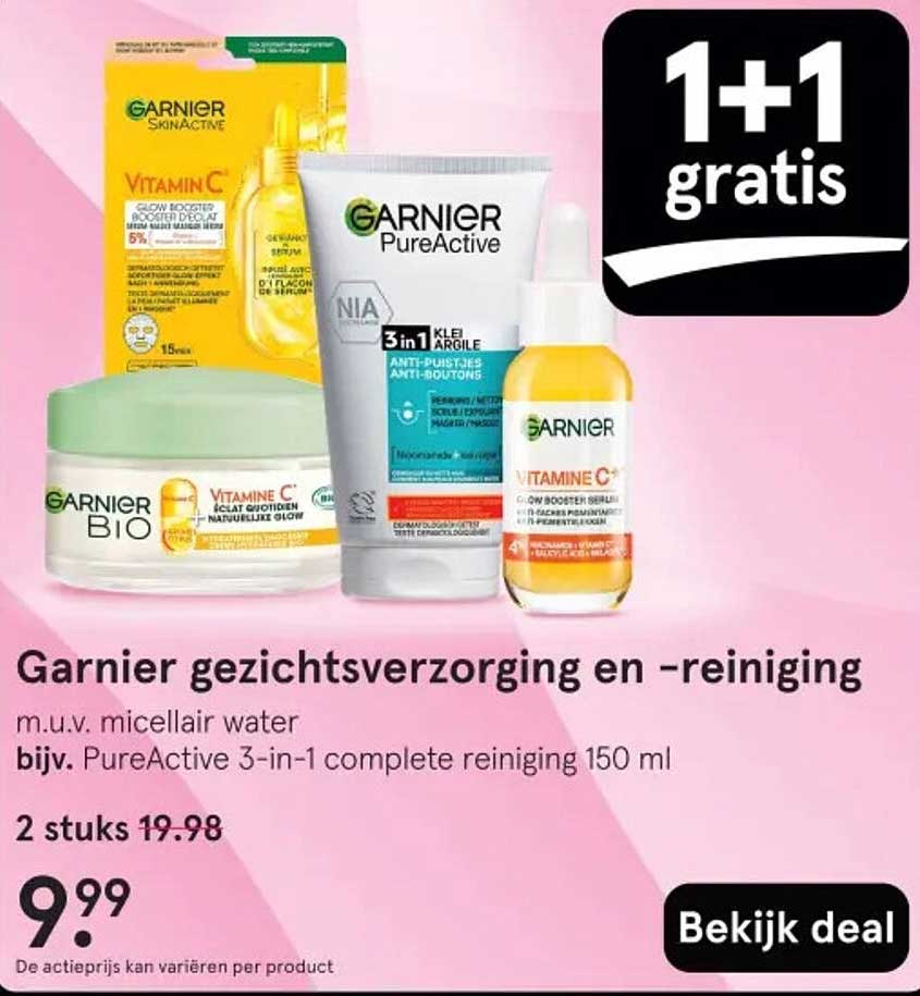 Garnier gezichtsverzorging en -reiniging m.u.v. micellair water bijv. PureActive 3-in-1 complete reiniging 150 ml