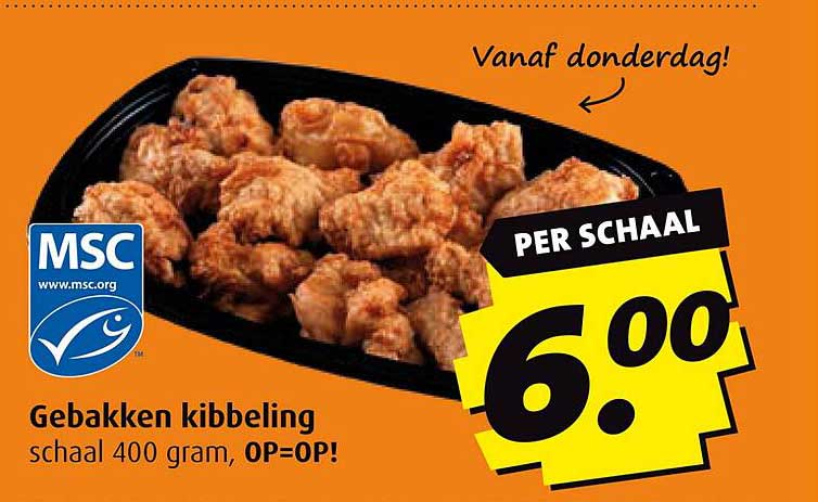 Gebakken kibbeling schaal 400 gram, OP=OP!
