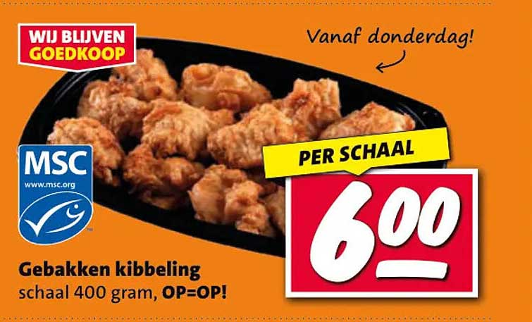 Gebakken kibbeling schaal 400 gram, OP=OP!