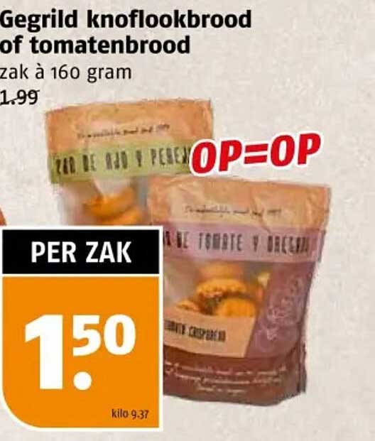 Gegrild knoflookbrood of tomatenbrood zak à 160 gram
