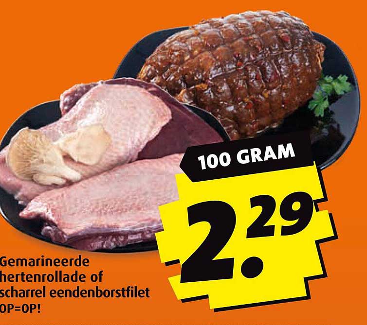 Gemarineerde hertenrollade of scharrel eendenborstfilet