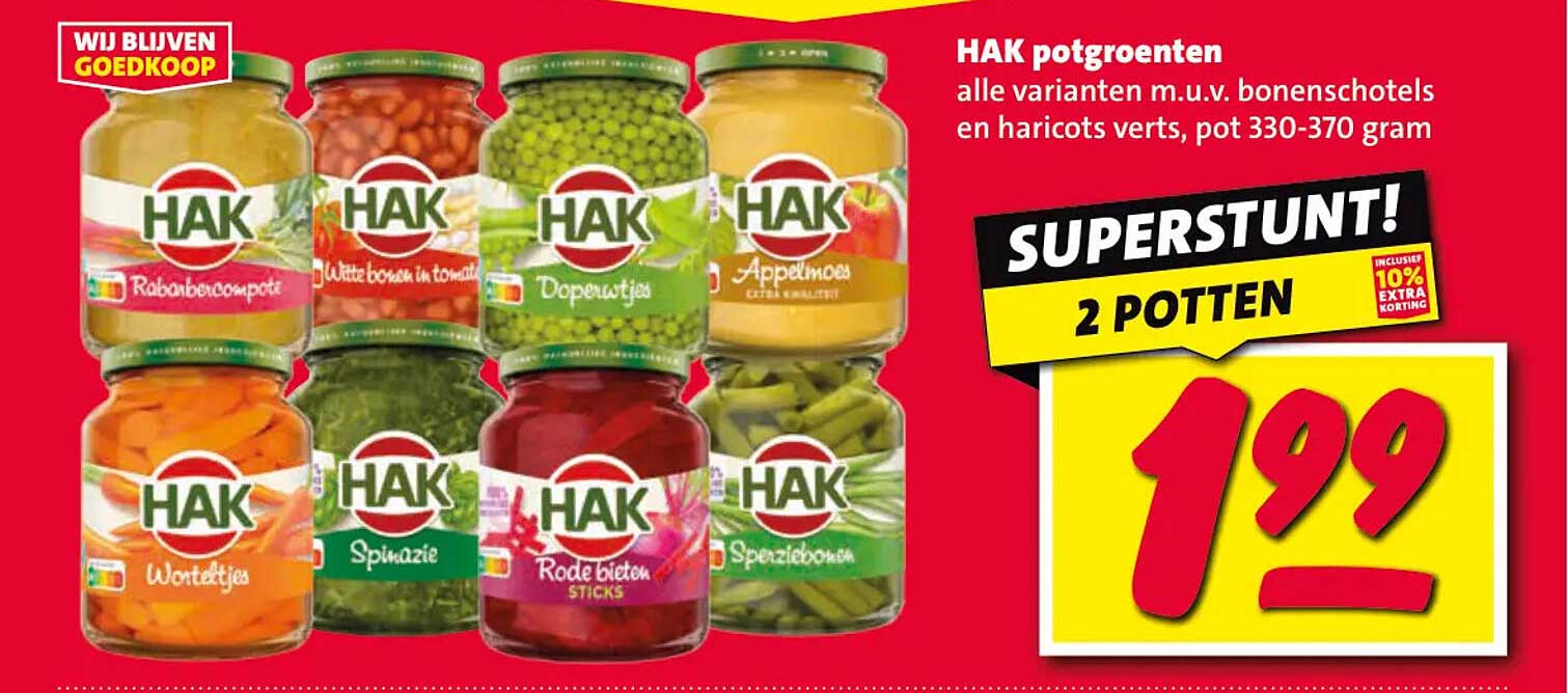 HAK potgroenten alle varianten m.u.v. bonenschotels en haricots verts, pot 330-370 gram