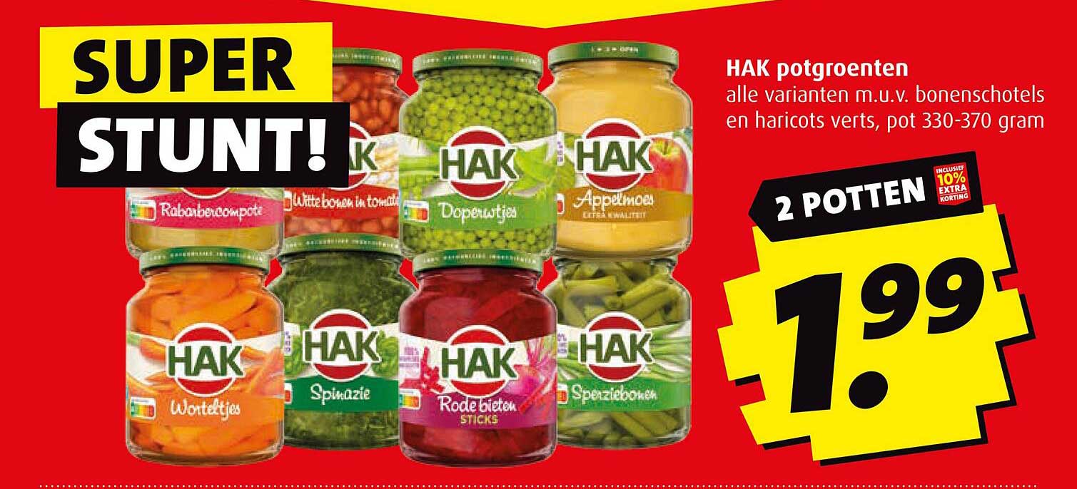 HAK potgroenten alle varianten m.u.v. bonenschotels en haricots verts, pot 330-370 gram