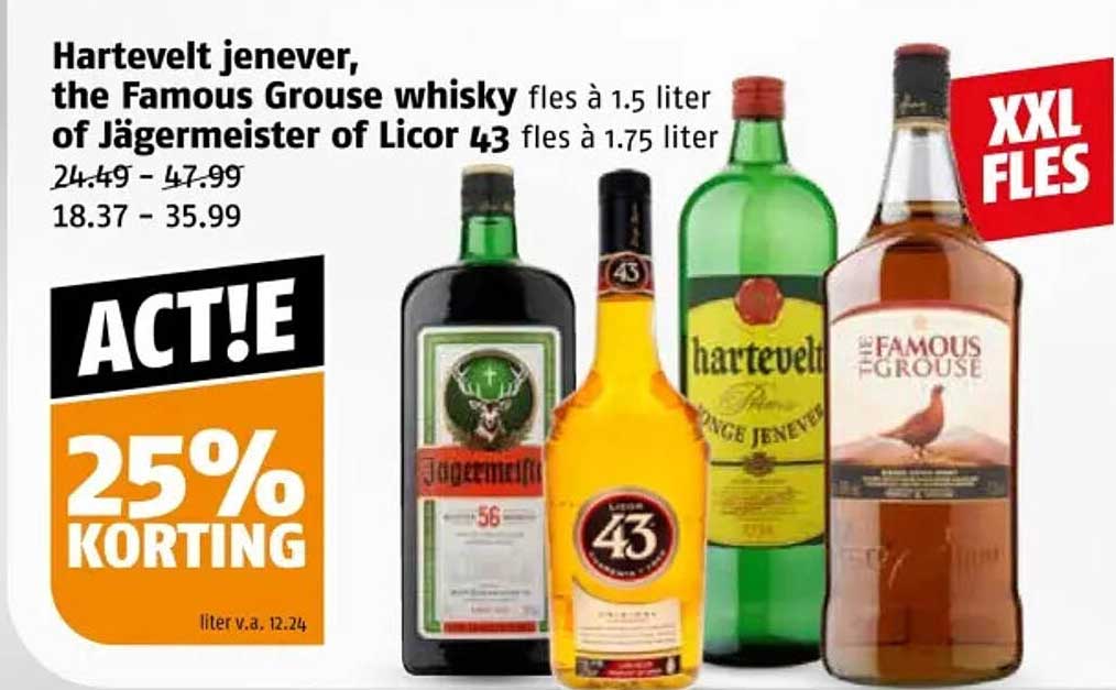 Hartevelt jenever, the Famous Grouse whisky fles à 1.5 liter of Jägermeister of Licor 43 fles à 1.75 liter
