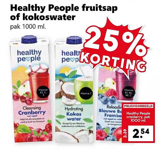 Healthy People fruitsap of kokoswater pak 1000 ml.