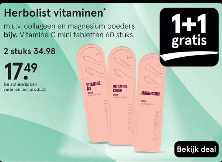 Herbolist vitaminen* m.u.v. collagenen en magnesium poeders bijv. Vitamine C mini tabletten 60 stuks