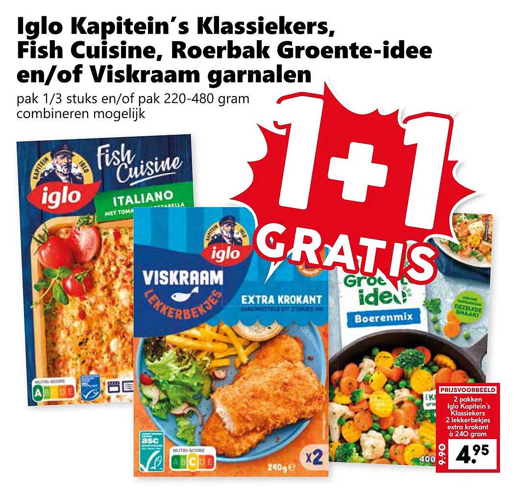 Iglo Kapitein’s Klassiekers, Fish Cuisine, Roerbak Groente-idee en/of Viskraam garnalen