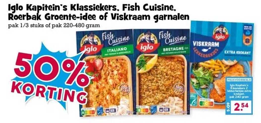 Iglo Kapitein's Klassiekers, Fish Cuisine, Roerbak Groente-idee of Viskraam garnalen
