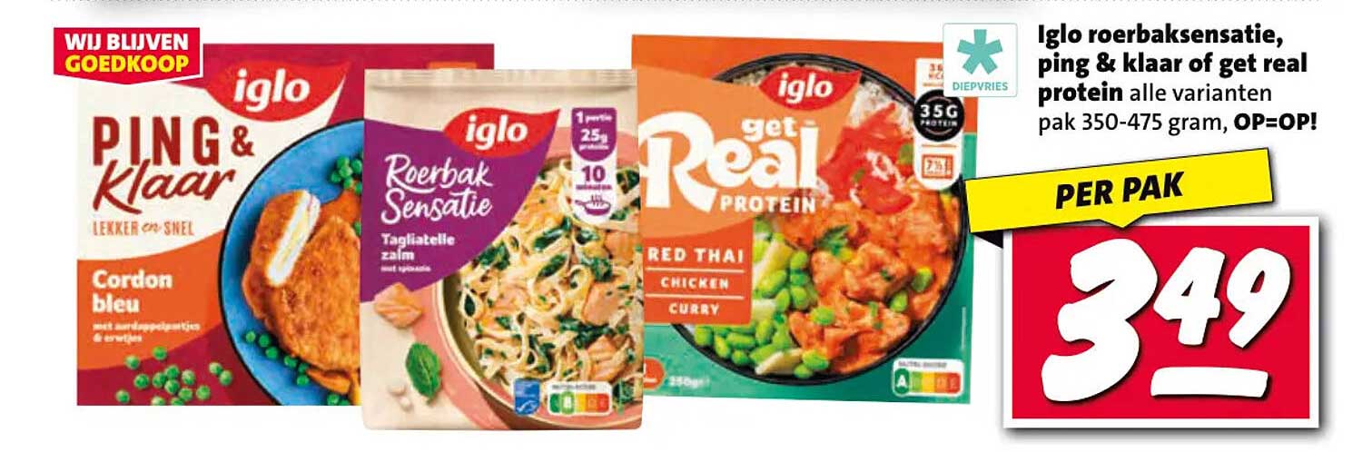 Iglo roerbaksensatie, ping & klaar of get real protein alle varianten pak 350-475 gram, OP=OP!