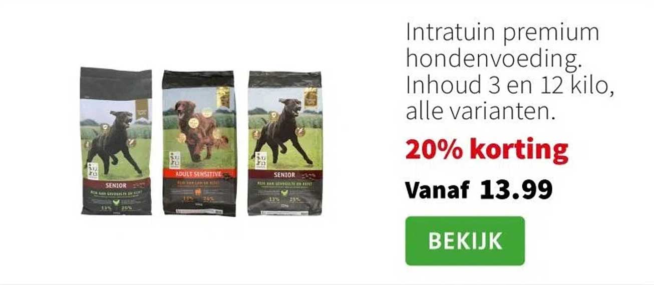 Intratuin premium hondenvoeding. Inhoud 3 en 12 kilo, alle varianten.