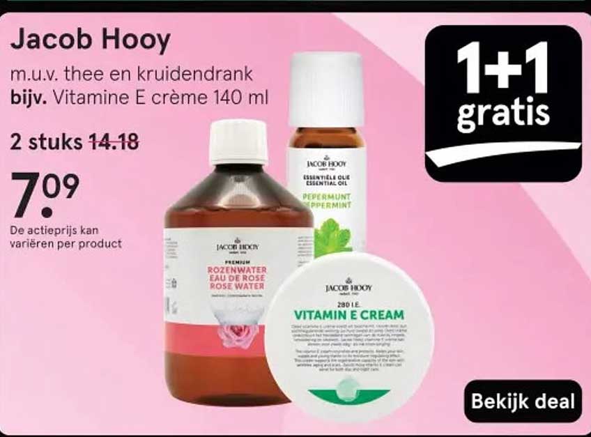 Jacob Hooy m.u.v. thee en kruidendrank bijv. Vitamine E crème 140 ml