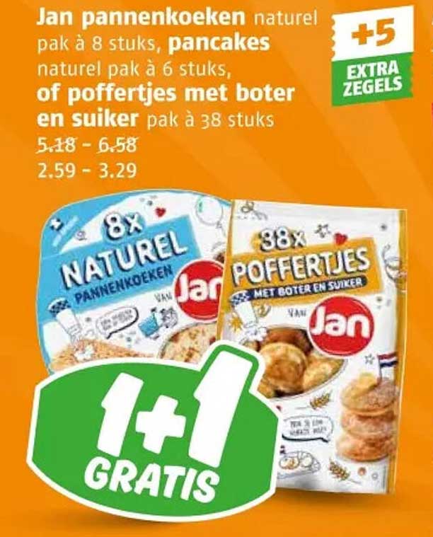 Jan pannenkoeken naturel pak à 8 stuks, pancakes naturel pak à 6 stuks, of poffertjes met boter en suiker pak à 38 stuks
