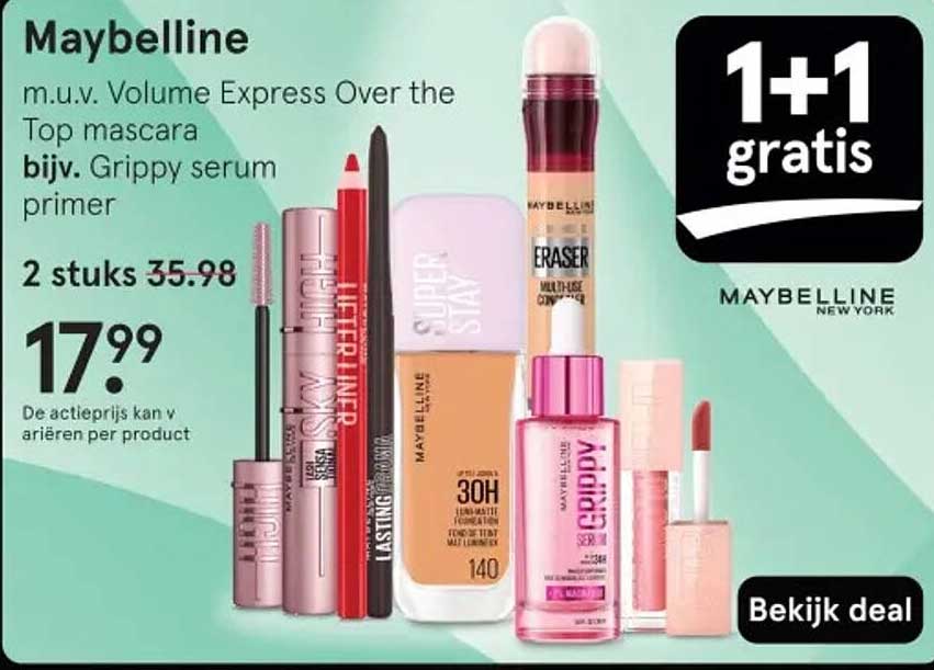 Maybelline m.u.v. Volume Express Over the Top mascara bijv. Grippy serum primer