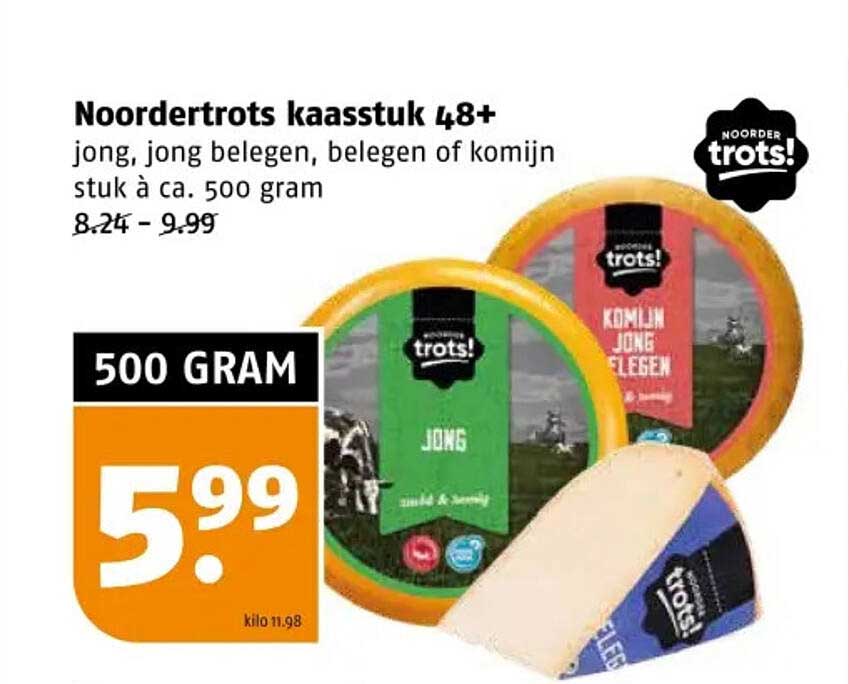 Noordertrots kaasstuk 48+ jong, jong belegen, belegen of komijn stuk à ca. 500 gram