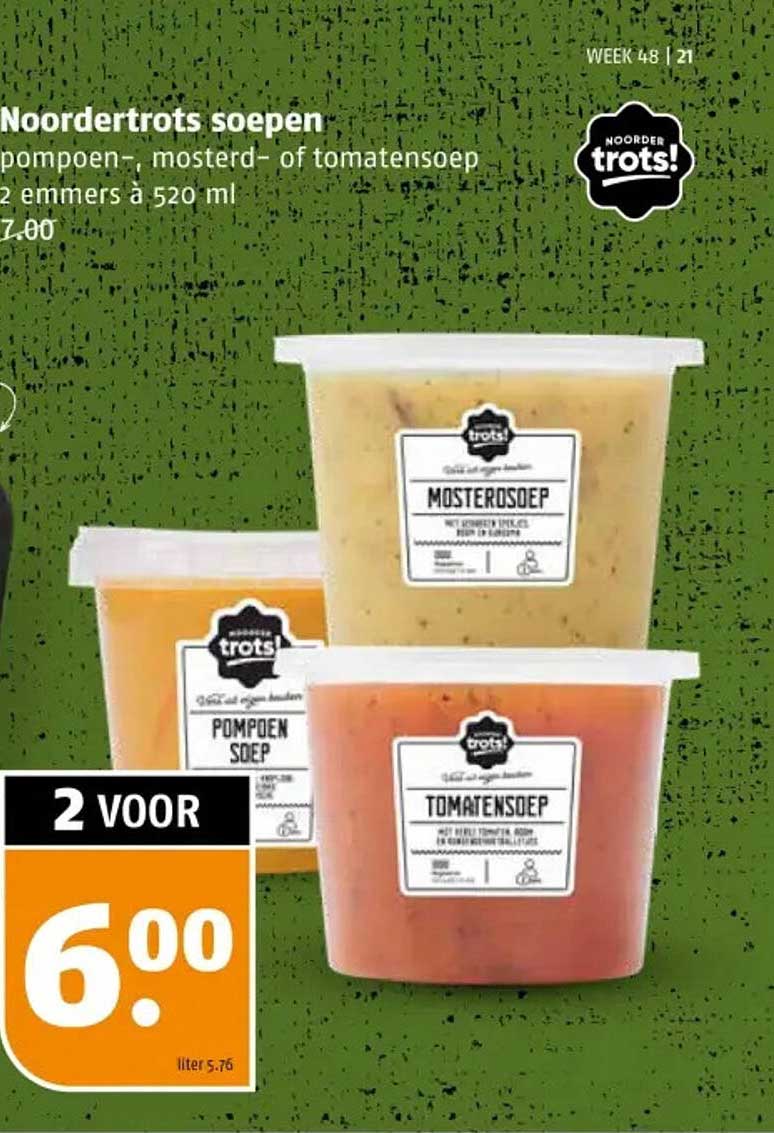Noordertrots soepen - pompoen-, mosterd- of tomatensoep, 2 emmers à 520 ml