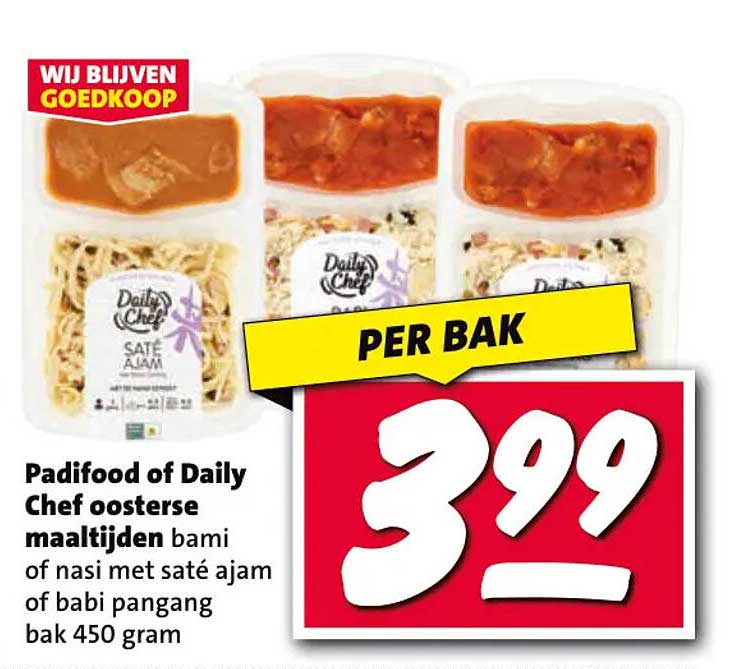 Padifood of Daily Chef oosterse maaltijden bami of nasi met saté ajam of babi pangang bak 450 gram