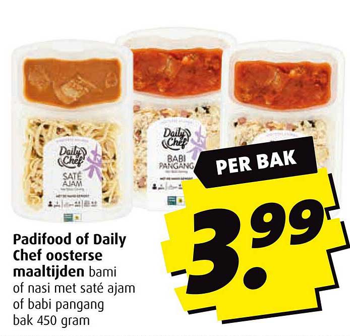 Padifood of Daily Chef oosterse maaltijden bami of nasi met saté ajam of babi pangang bak 450 gram