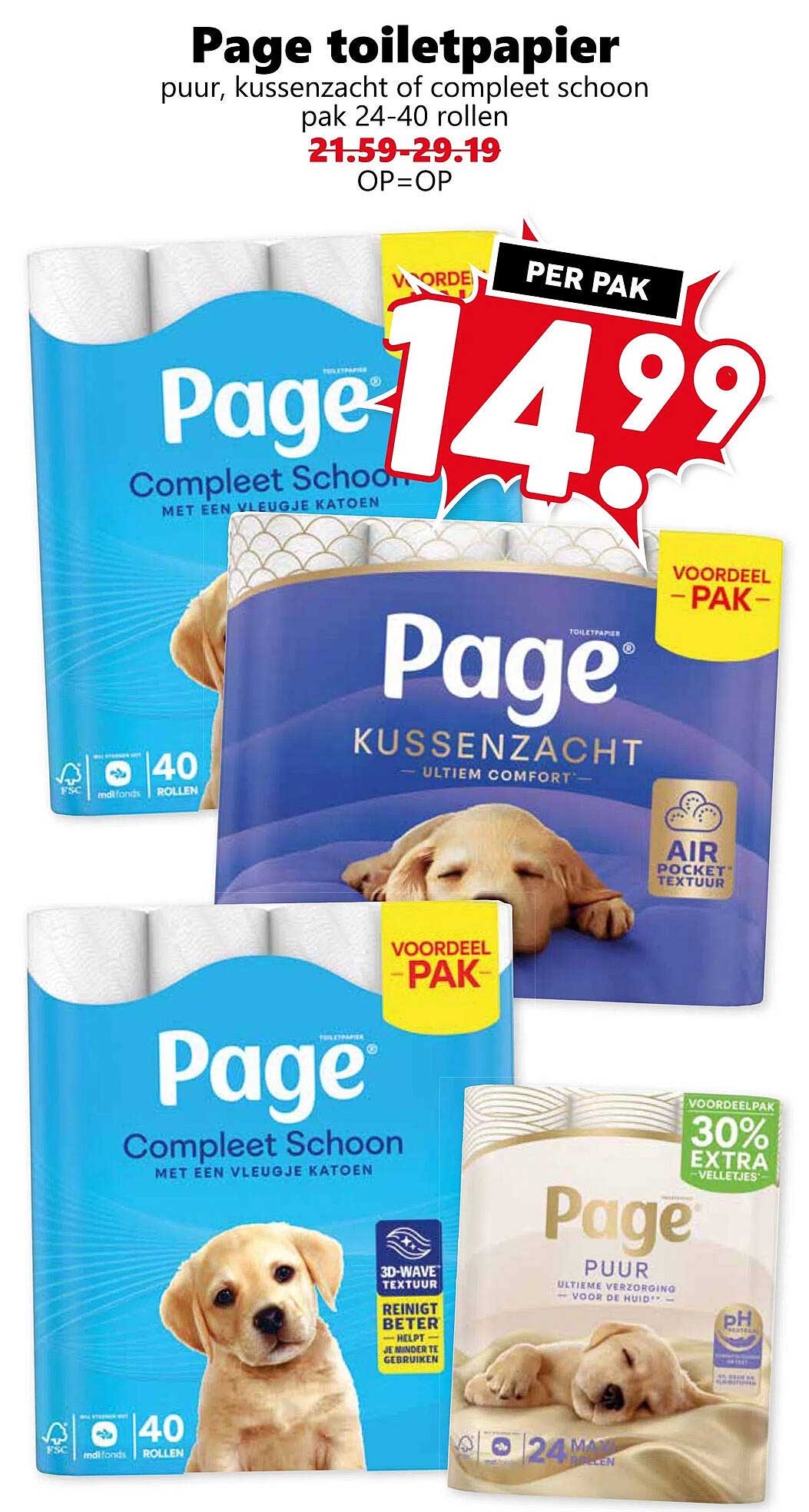 Page toiletpapier puur, kussen zacht of compleet schoon pak 24-40 rollen