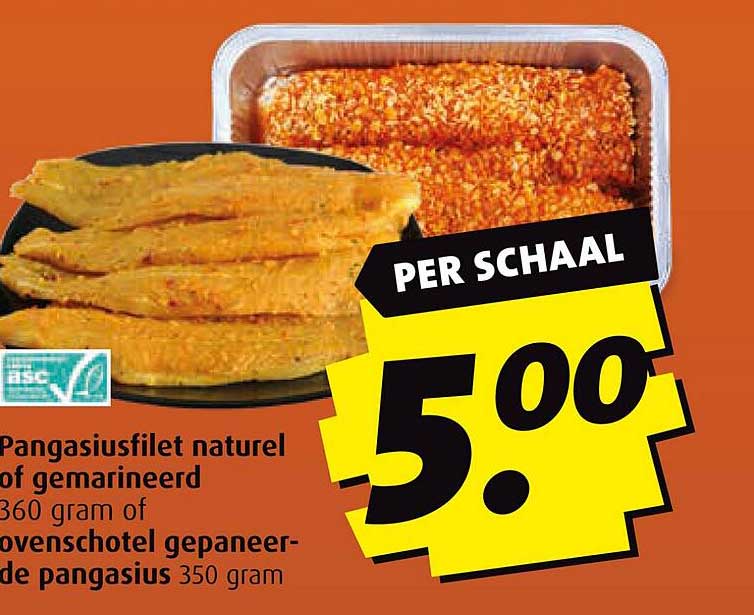 Pangasiusfilet natuur of gemarineerd 360 gram of ovenschotel gepaneerde pangasius 350 gram