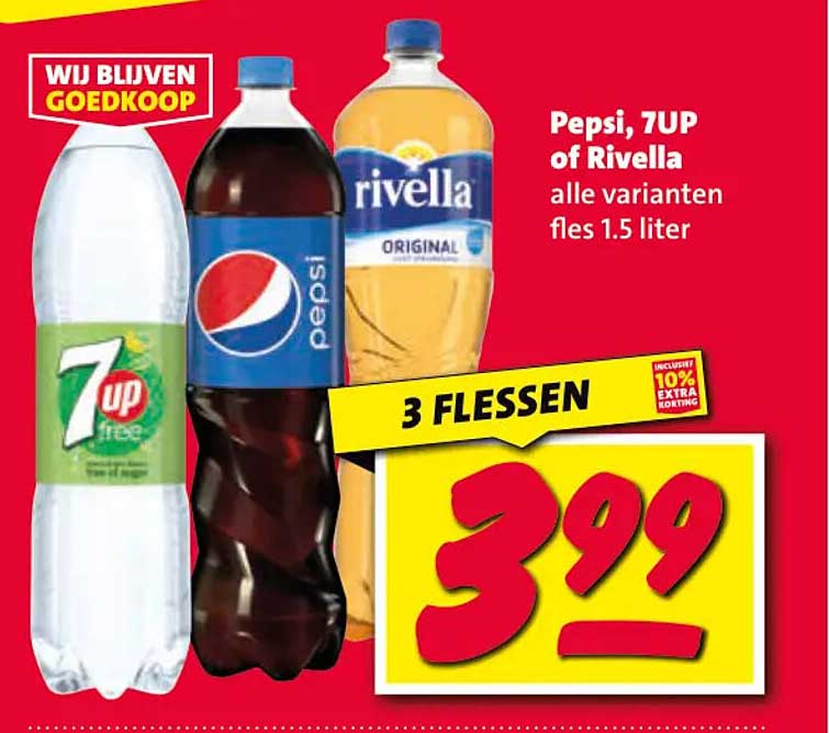 Pepsi, 7UP of Rivella alle varianten fles 1.5 liter