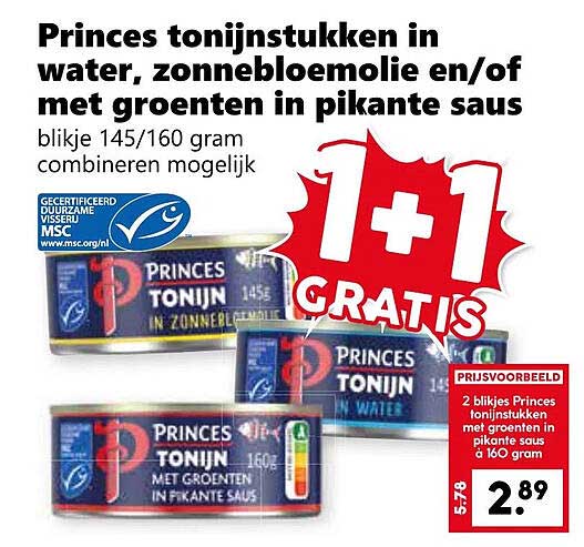Princes tonijnstukken in water, zonnebloemolie en/of met groenten in pikante saus