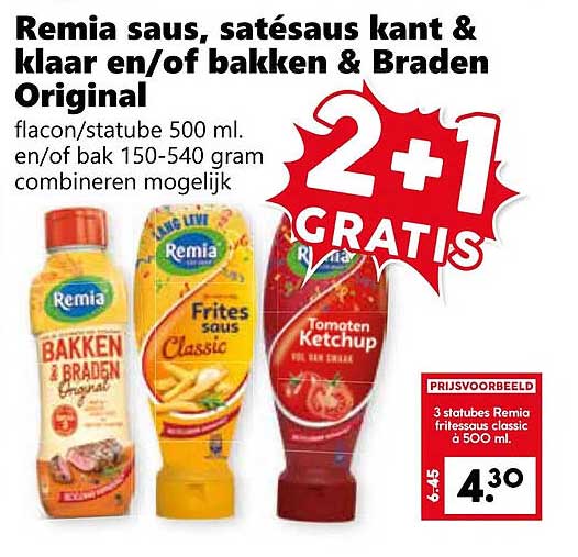 Remia saus, satésaus kant & klaar en/of bakken & Braden Original