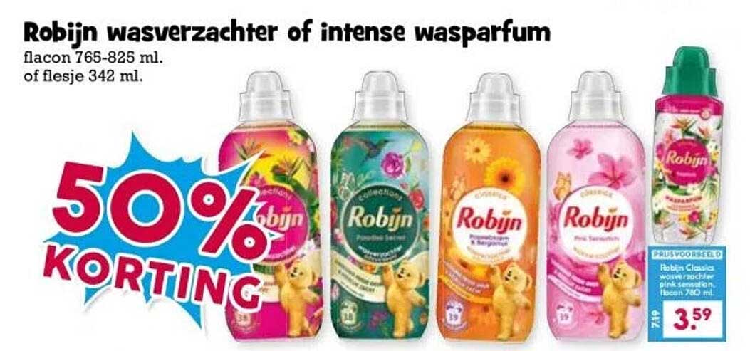 Robijn wasverzachter of intense wasparfum flacon 765-825 ml. of flesje 342 ml.