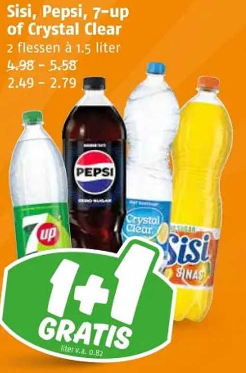 Sisi, Pepsi, 7-up of Crystal Clear 2 flessen à 1.5 liter