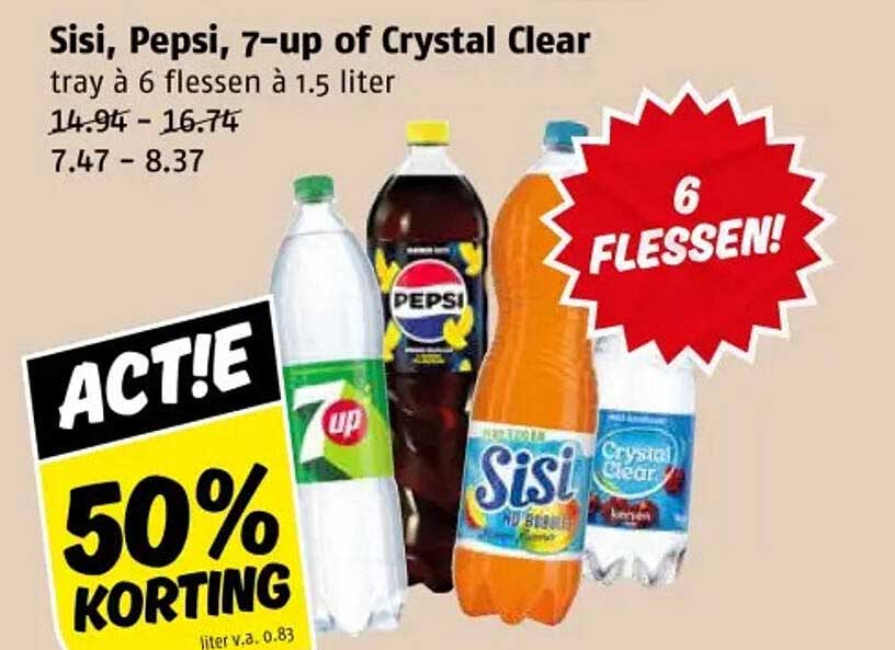 Sisi, Pepsi, 7-up of Crystal Clear, tray à 6 flessen à 1.5 liter