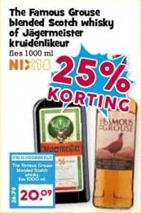 The Famous Grouse blended Scotch whisky of Jägermeister kruidenliquor fles 1000 ml