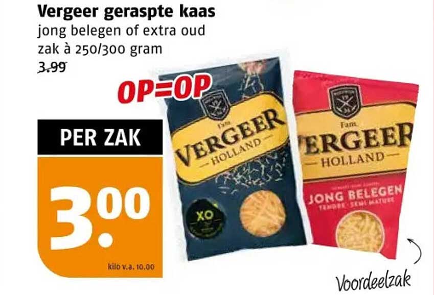 Vergeer geraspte kaas jong belegen of extra oud zak à 250/300 gram