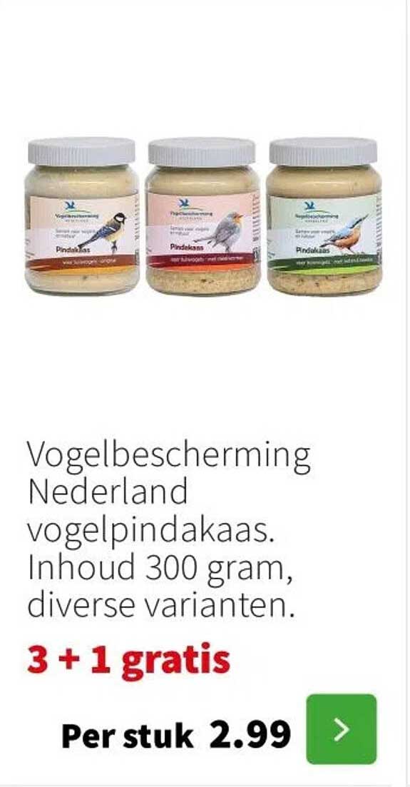 Vogelbescherming Nederland vogelpindakaas. Inhoud 300 gram, diverse varianten.
