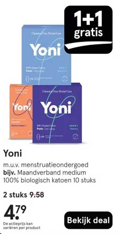 Yoni m.u.v. menstruatieondergoed bijv. Maandverband medium 100% biologisch katoen 10 stuks