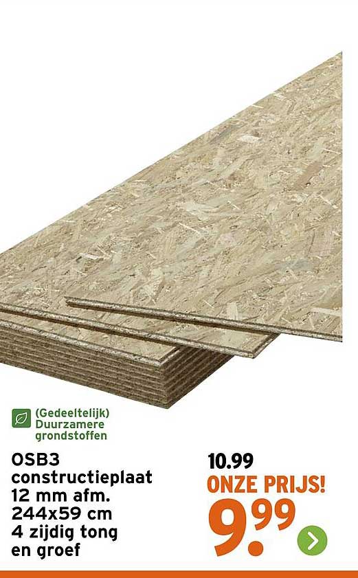 OSB3 constructieplaat 12 mm afm. 244x59 cm 4 zijdig tong en groef