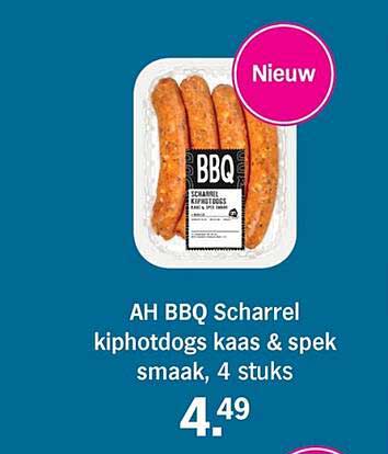 AH BBQ Scharrel kiphotdogs kaas & spek smaak, 4 stuks