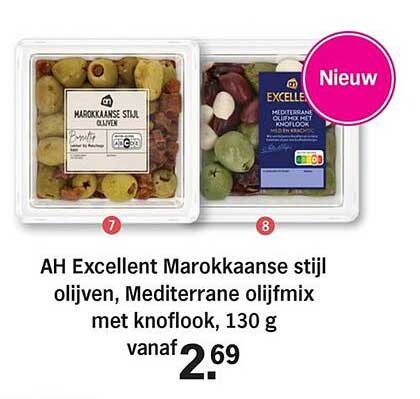 AH Excellent Marokkaanse stijl olijven, Mediterrane olijfmix met knoflook, 130 g
