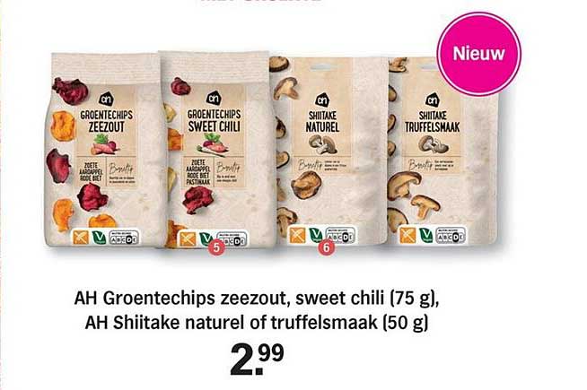 AH Groentechips zeezout, sweet chili (75 g), AH Shiitake naturel of truffelsmaak (50 g) Nieuw