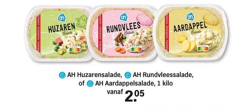 AH Huzarensalade, AH Rundvleessalade, of AH Aardappelsalade, 1 kilo vanaf 2.05