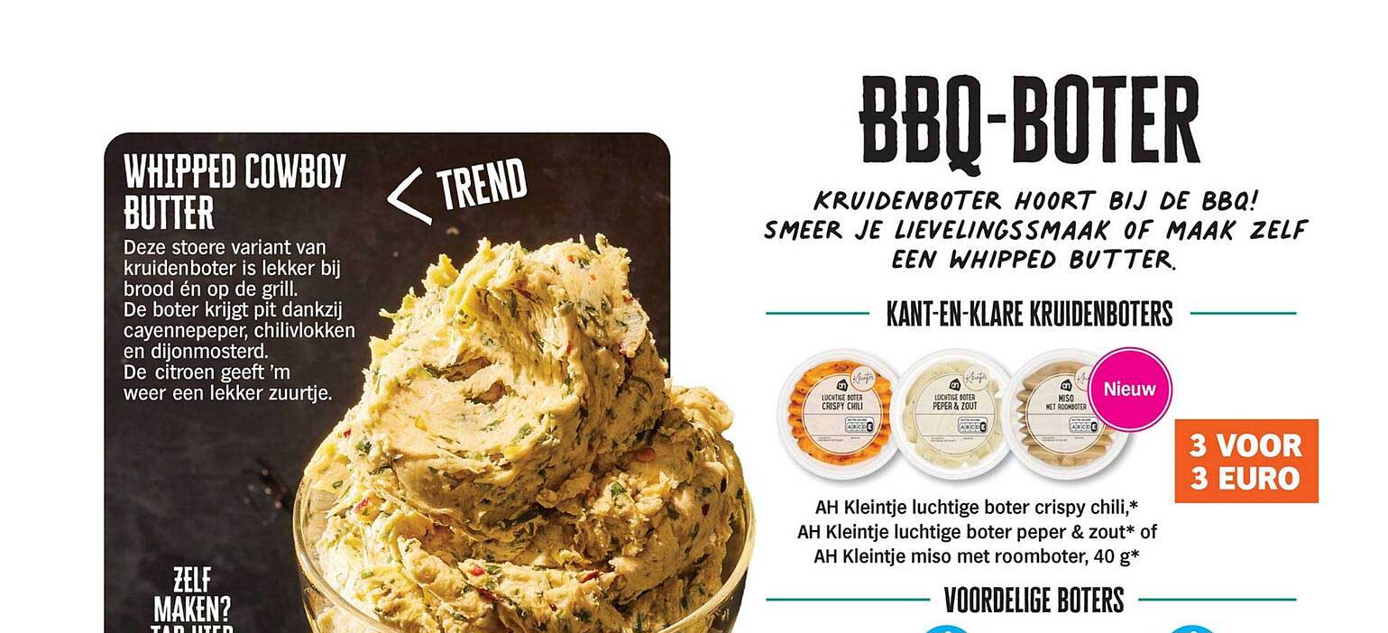 AH Kleintje luchtige boter crispy chili, AH Kleintje luchtige boter peper & zout of AH Kleintje miso met roomboter, 40 g 3 voor 3 euro