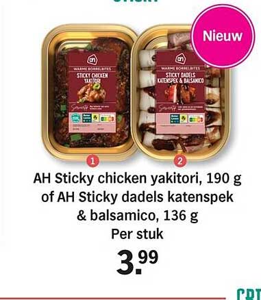 AH Sticky chicken yakitori, 190 g of AH Sticky dadels katenspek & balsamico, 136 g