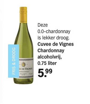 Deze 0.0-chardonnay is lekker droog. Cuvee de Vignes Chardonnay alcoholvrij, 0.75 liter