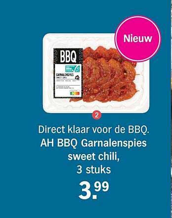 Direct klaar voor de BBQ. AH BBQ Garnalenspies sweet chili, 3 stuks